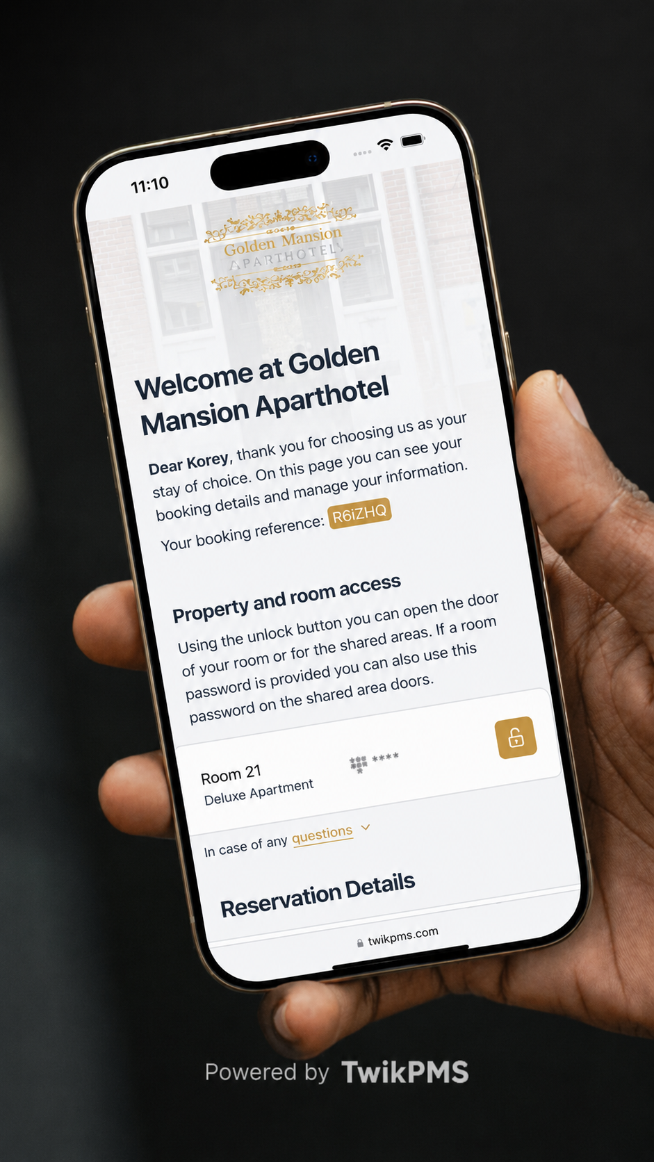 Golden Mansion Amsterdam online check-in on a mobile phone, showing digital room access